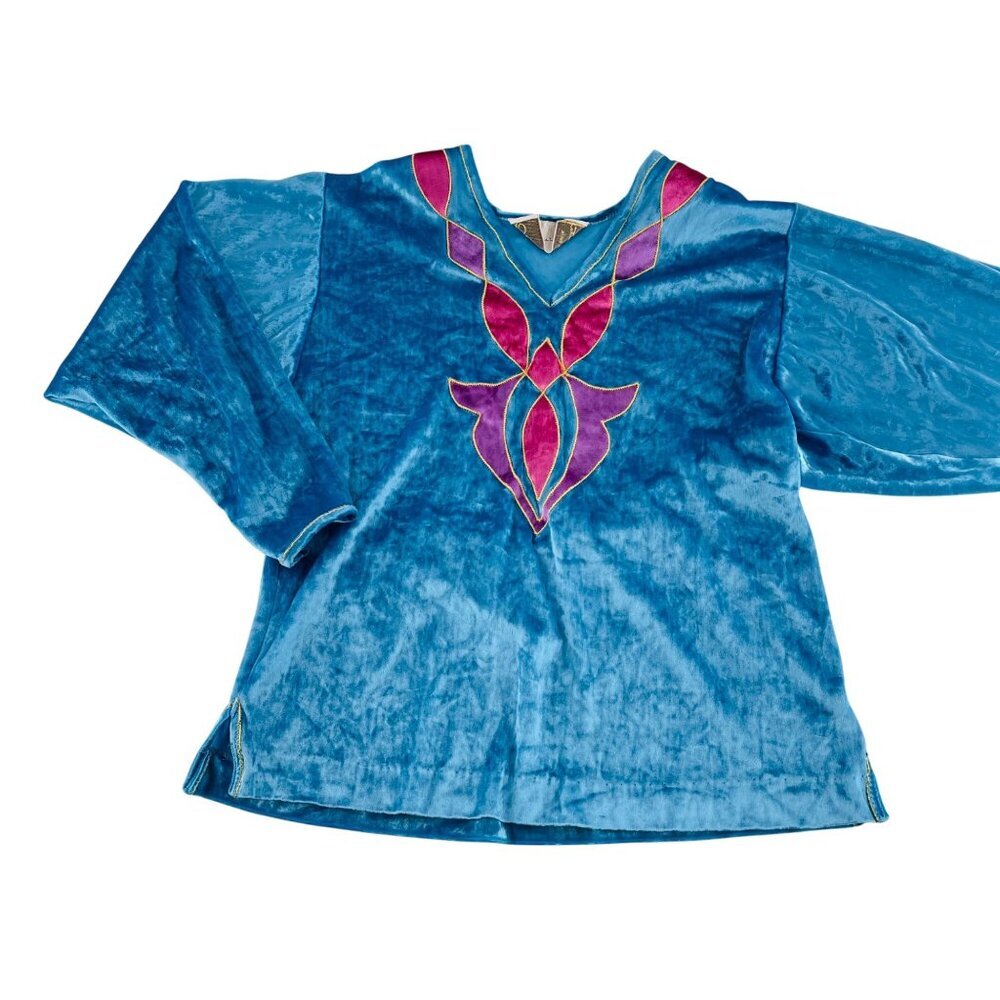 Oscar De La Renta Vintage Blue‎ Velvet Top Pink & Purple Embroidery size Small